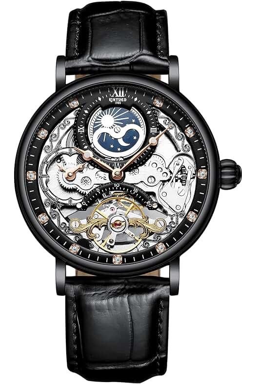 Reloj Automático para Hombre con Correa de Cuero Impermeable y Esfera Esqueleto Lunar