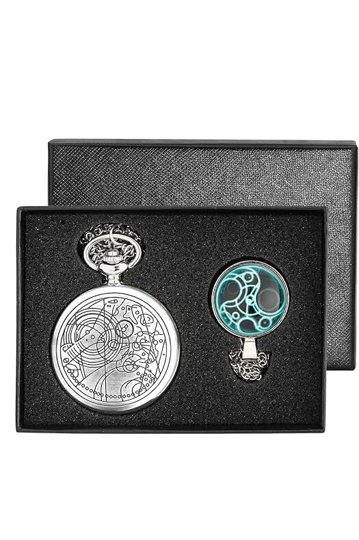 Reloj de bolsillo Doctor Who: Elegante diseño retro plateado con cadena colgante y caja de regalo.