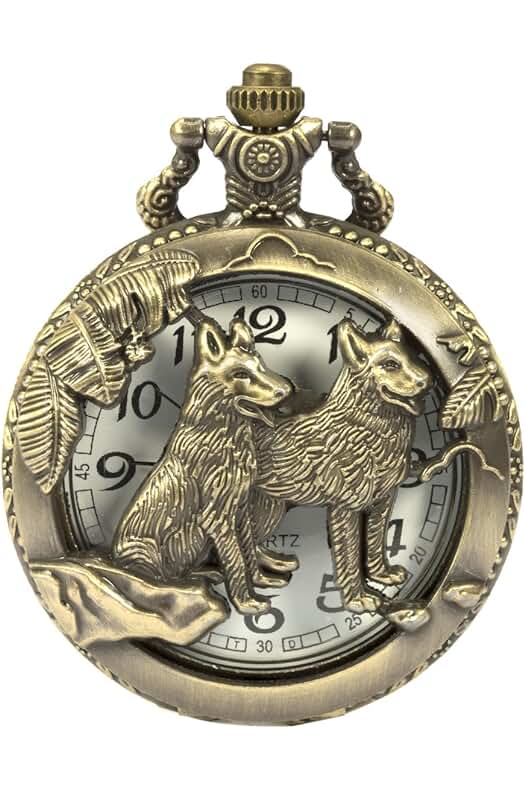 Reloj de Bolsillo Steampunk Lobo Caja Cadena Estuche Cuarzo Números árabes - SIBOSUN