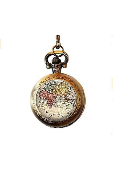 Reloj de bolsillo vintage con mapa del mundo: el regalo perfecto para los amantes de la elegancia.