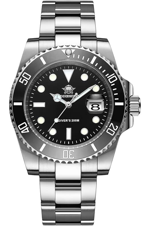 Reloj de buceo para hombre: Sumergible hasta 200m con correa de acero inoxidable luminosa.