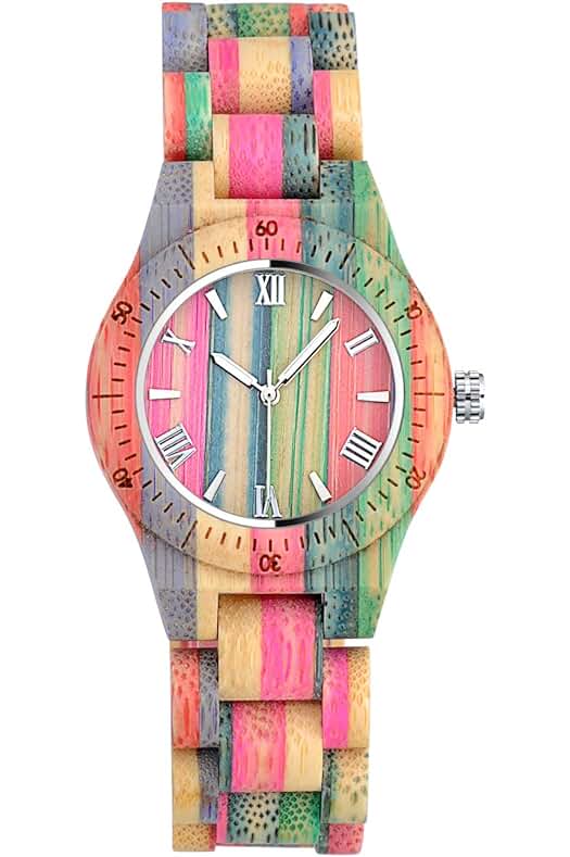 Reloj de Madera Arcoíris: Reloj de Madera Hecho a Mano con Movimiento de Cuarzo Analógico