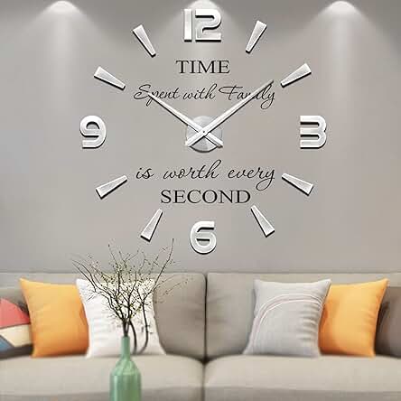 Reloj de Pared Moderno sin Marco Espejo Grande - 2 años de garantía (Plata-73)