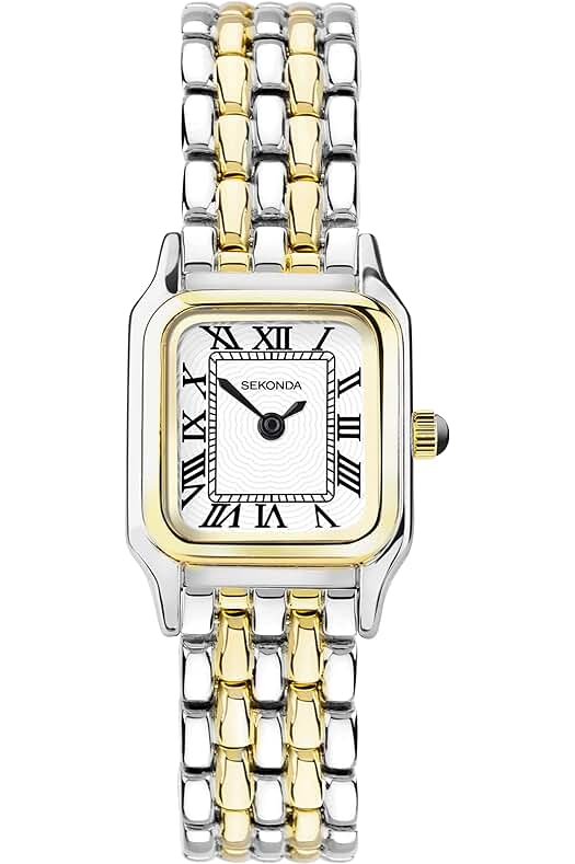 Reloj de pulsera de cuarzo para mujer en dos tonos y esfera blanca con números romanos.