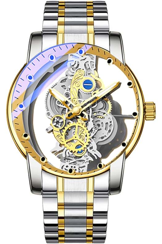 Reloj de pulsera de lujo para hombre con esfera transparente y movimiento de cuarzo.
