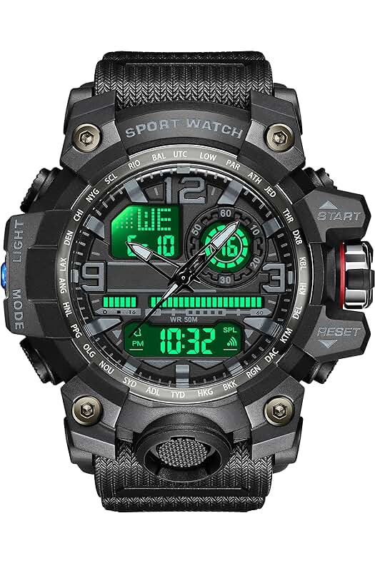 Reloj deportivo digital resistente al agua con luz LED y funciones de cuenta atrás y hora dual.