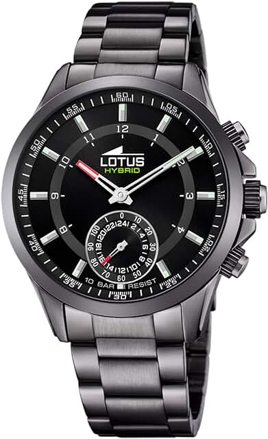 Reloj Lotus Connected: Modelo 18807/2, Caja Negra de 43 mm con Correa de Acero Gris para Caballero