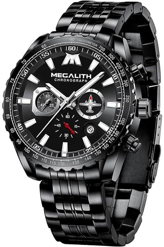 Reloj MEGALITH Hombre Militar: Elegante Cronógrafo de Acero Inoxidable, Resistente al Agua.