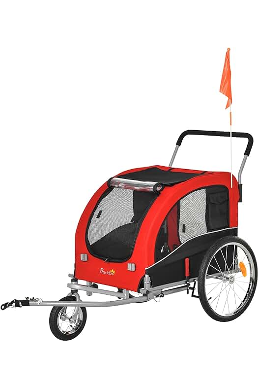 Remolque de bicicleta plegable para perros con accesorios y cobertura impermeable en color rojo.