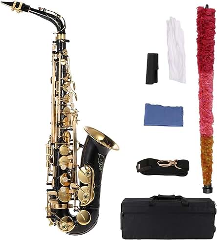 Saxofón dorado de latón lacado con accesorios y estuche de calidad.