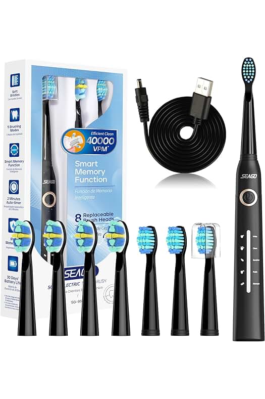 Seago Cepillo de Dientes Eléctrico: Blanqueamiento Avanzado, Carga USB, 5 Modos, Temporizador y 8 Cabezas
