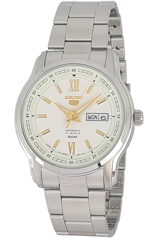 Seiko 5 Reloj automático de acero inoxidable con esfera blanca para hombre
