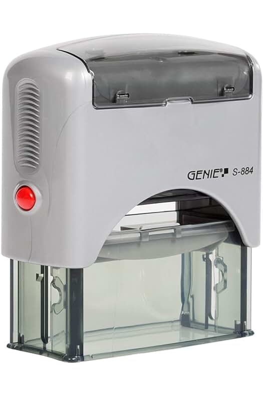 Sello autoentintable Genie S-884 con 5 líneas personalizables, incluye accesorios, en color plateado y negro.