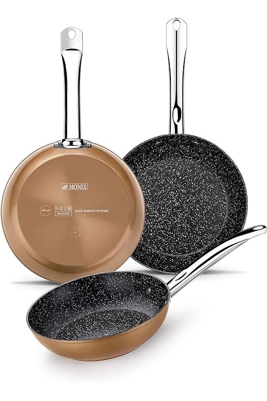 Set de 3 Sartenes de Cobre Monix - Antiadherentes con Partículas de Titanio, para Todo Tipo de Cocinas.