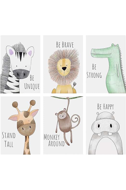Set de 6 Láminas infantiles Sin Marco para decorar la habitación del bebé. Diseño de animales de la jungla.
