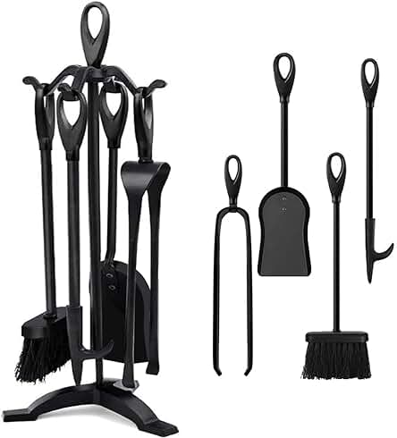 Set de Accesorios Clásicos para Estufa de Leña: Atizador, Escoba, Pala y Soporte en Negro.