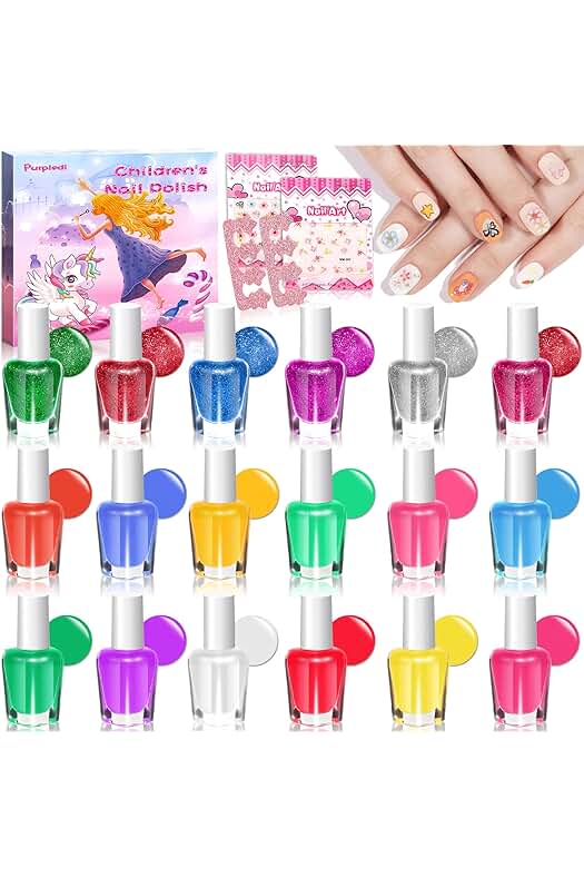 Set de Esmalte de Uñas para Niñas en 18 Colores Brillantes y Seguros al Agua.