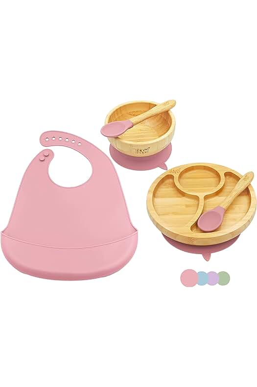 Set de Platos de Destete para Bebés de Bambú | Ventosa, Cucharas y Babero Incluidos