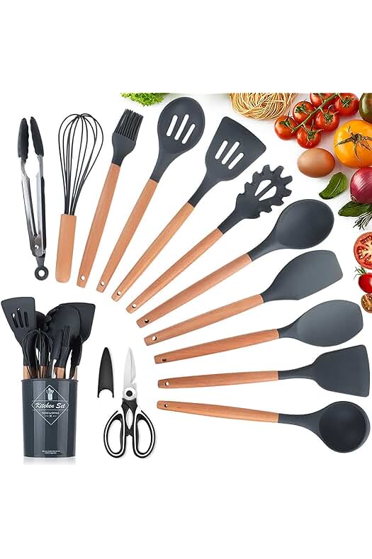 Set de Utensilios de Cocina de Silicona, 12 Piezas + 1 Tijeras - Resistente y Antiadherente (Gris)