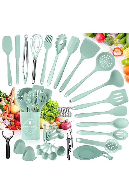 Set de Utensilios de Cocina de Silicona con Soporte - Antiadherente y Resistente