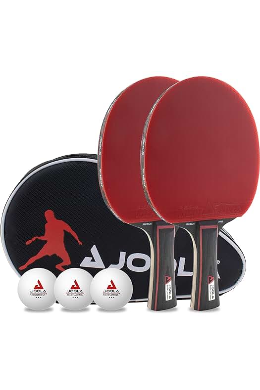 Set profesional de Ping Pong JOOLA: 2 raquetas, 3 pelotas y funda protectora, en rojo y negro.