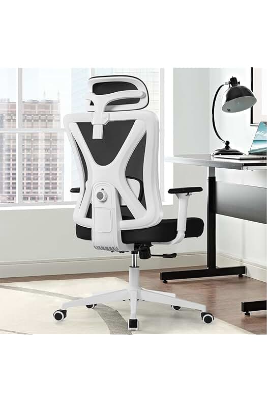 Silla de Oficina Ergonómica con Reposacabezas y Soporte Lumbar Ajustables - KERDOM Blancas