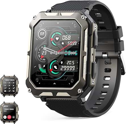 Smartwatch táctico para hombre con Bluetooth 5.1 y múltiples modos deportivos.