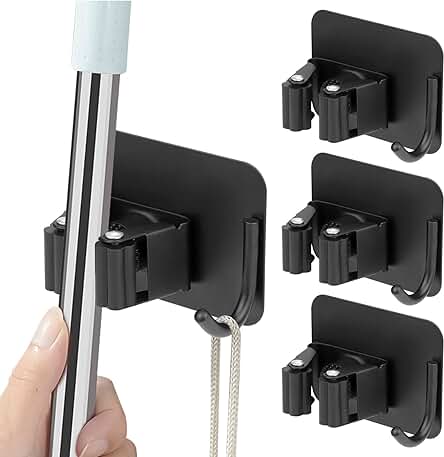 Soporte Colgador de Escobas de Pared | Resistente, Sin Perforación | Set de 4 | Negro