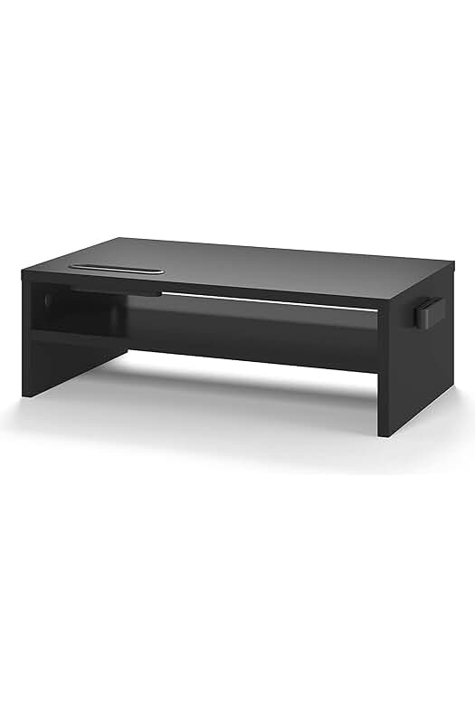 Soporte de monitor de madera elegante para mejorar la ergonomía y organizar cables.