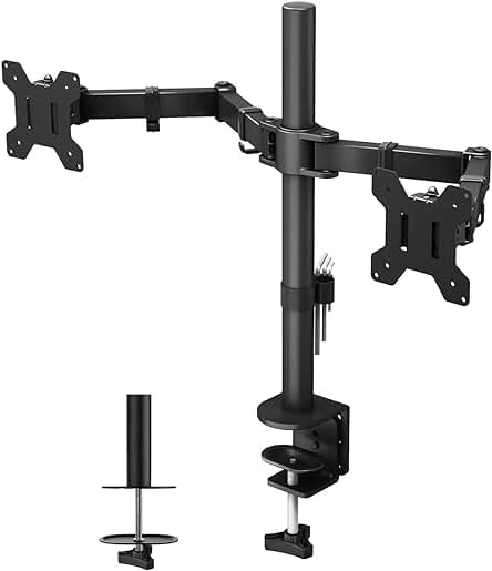 Soporte de monitor dual BONTEC para pantallas LED/LCD de 13-27 pulgadas, ajustable y giratorio.