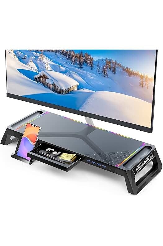 Soporte de monitor plegable con luces RGB y hub USB 3.0, ideal para gaming.