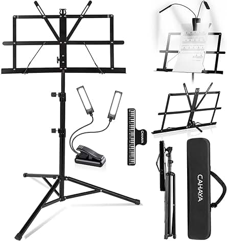 Soporte de partituras plegable y portátil con luz de libro y altura ajustable.