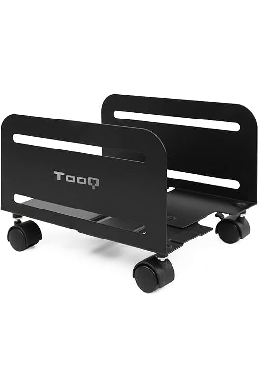 Soporte metálico para CPU con ruedas, resistente hasta 10 kg, ajustable para torres de 119-209 mm.