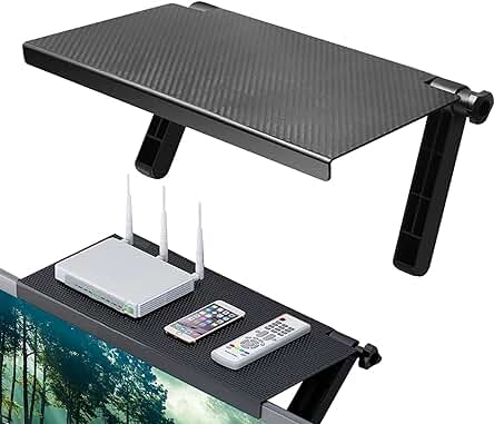 Soporte para TV sin perforaciones y ajustable para organizar y sostener tus dispositivos fácilmente.
