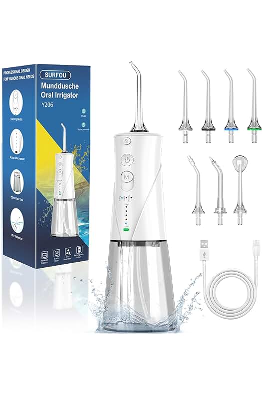 SURFOU Irrigador Dental Portátil, 7 Boquillas, 3 Modos, 5 Presión de Agua, IPX7 Impermeable