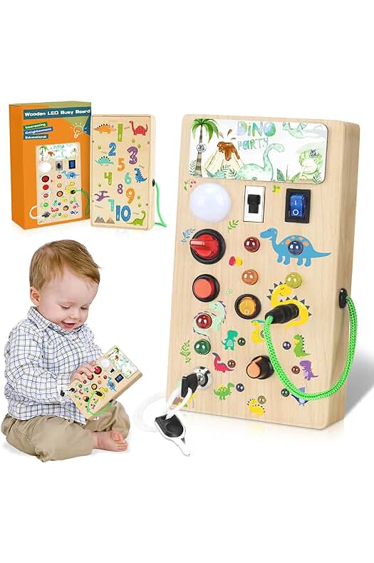 Tablero Sensorial Montessori para Niños: Juguete Educativo de Actividades con Luces LED (Dinosaurio)