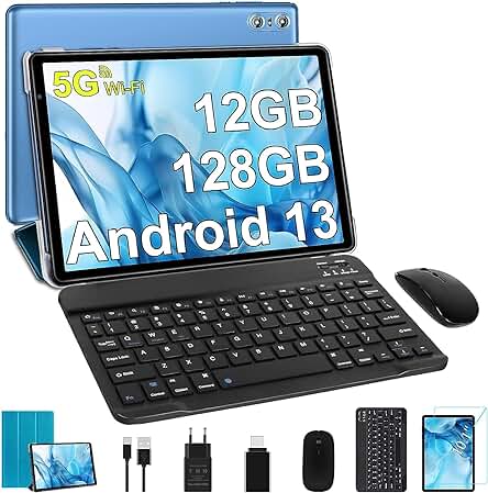Tablet Android 10 Pulgadas con 12GB RAM, 128GB ROM y Teclado y Ratón Azul