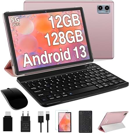 Tablet Android 10 Pulgadas con Teclado + Funda, 12 GB RAM+128 GB ROM, Certificada GMS - Oro Rosa