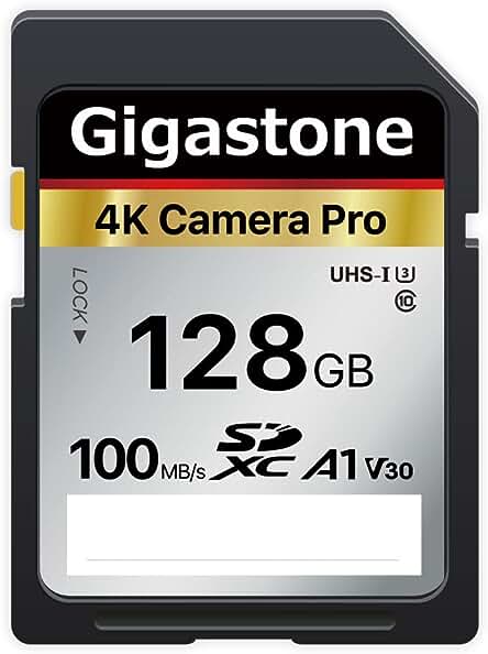 Tarjeta de memoria SDXC Gigastone de 128 GB, velocidad de transferencia de hasta 100 MB/s.
