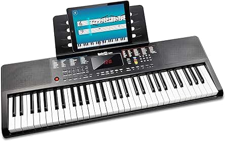Teclado compacto RockJam de 61 teclas con soporte, lecciones y pegatinas, color negro.