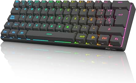 Teclado Mecánico Gaming RK61, Inalámbrico, Español, RGB, Compatible con MacBook/iPad/Windows, Negro