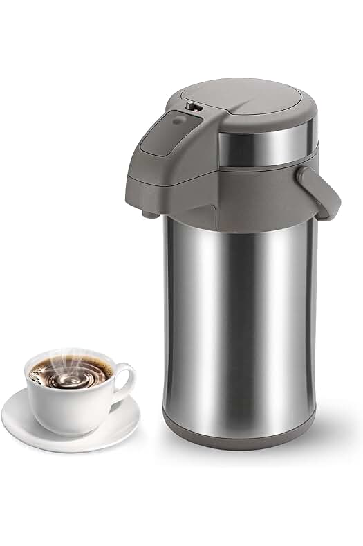 Termo de acero inoxidable con bomba de café de 3 litros y dispensador de bebidas calientes.