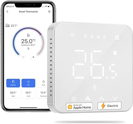 Termostato inteligente WiFi para calefacción eléctrica con control por voz y compatibilidad con asistentes virtuales.
