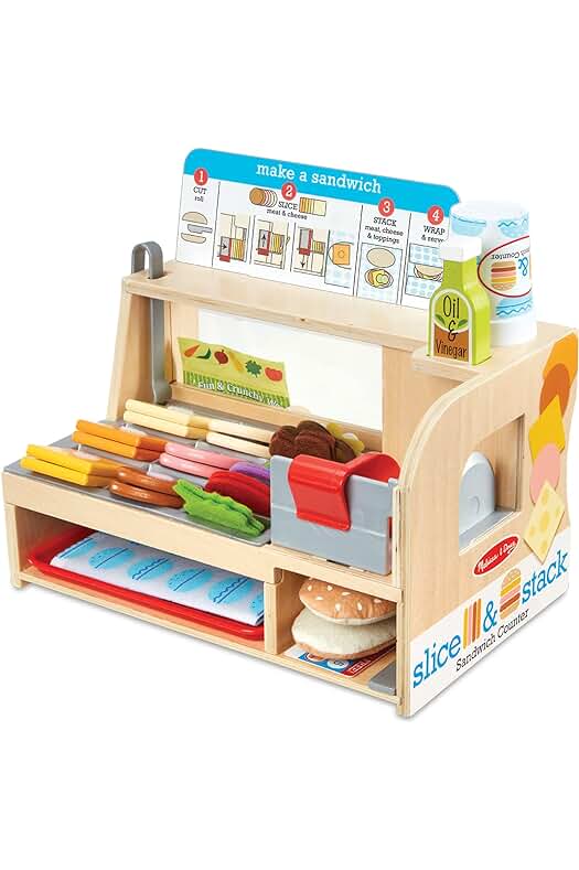 Tienda de sándwiches de madera Melissa & Doug, juguete creativo Montessori para niños de 3+ años.