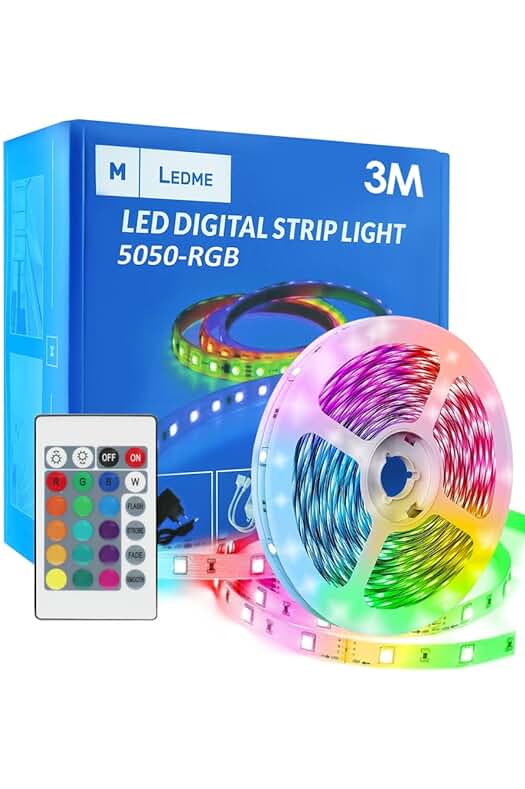 Tira LED RGB de 3 metros con control remoto y adhesivo, brillante y regulable en intensidad.