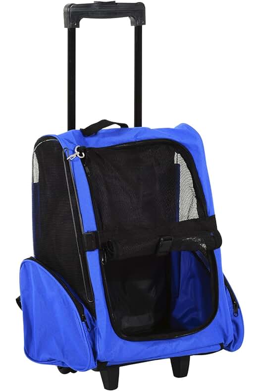 Transportín 2 en 1 para Mascotas: Mochila y Carrito de Viaje con Ruedas 42x25x55 cm Azul