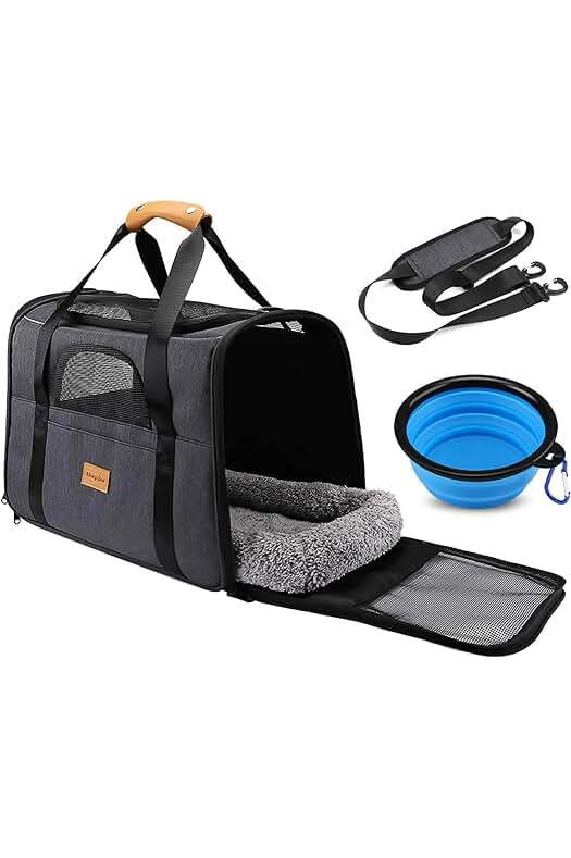 Transportín para perros y gatos con correa ajustable y colchón suave.