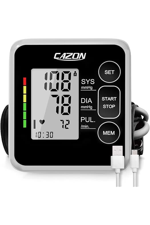 Monitor de presión arterial de brazo con brazalete ajustable y memoria amplia.