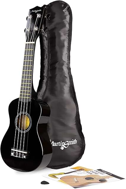 Ukelele soprano Martin Smith con funda, Color Negro, tamaño compacto de 53 cm.