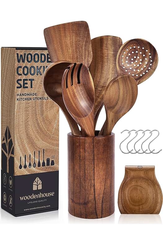 Utensilios de cocina de madera: Kit completo de utensilios de cocina de madera natural.